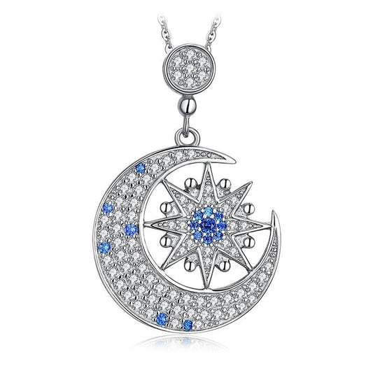 925 Sterling Silver Crystal Moon and Star Pendant Necklace-Necklaces-Innovato Design-Innovato Design