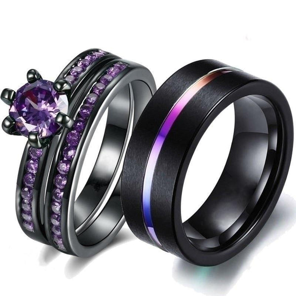 Rainbow Tungsten Carbide and Purple Cubic Zirconia 316L Stainless Steel Wedding Ring Set-Couple Rings-Innovato Design-6-5-Innovato Design