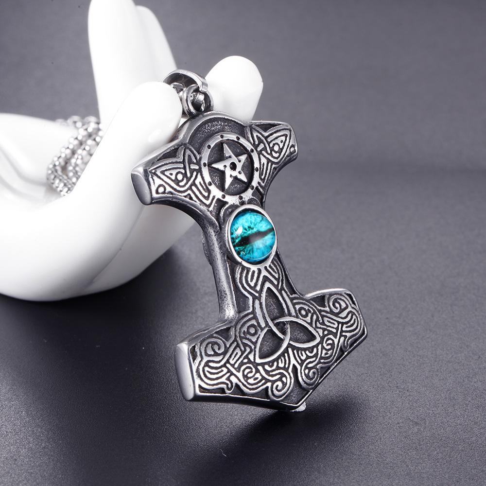 Silver Thor’s Hammer Pendant with Sapphire Cat Eye Necklace-Necklaces-Innovato Design-Innovato Design