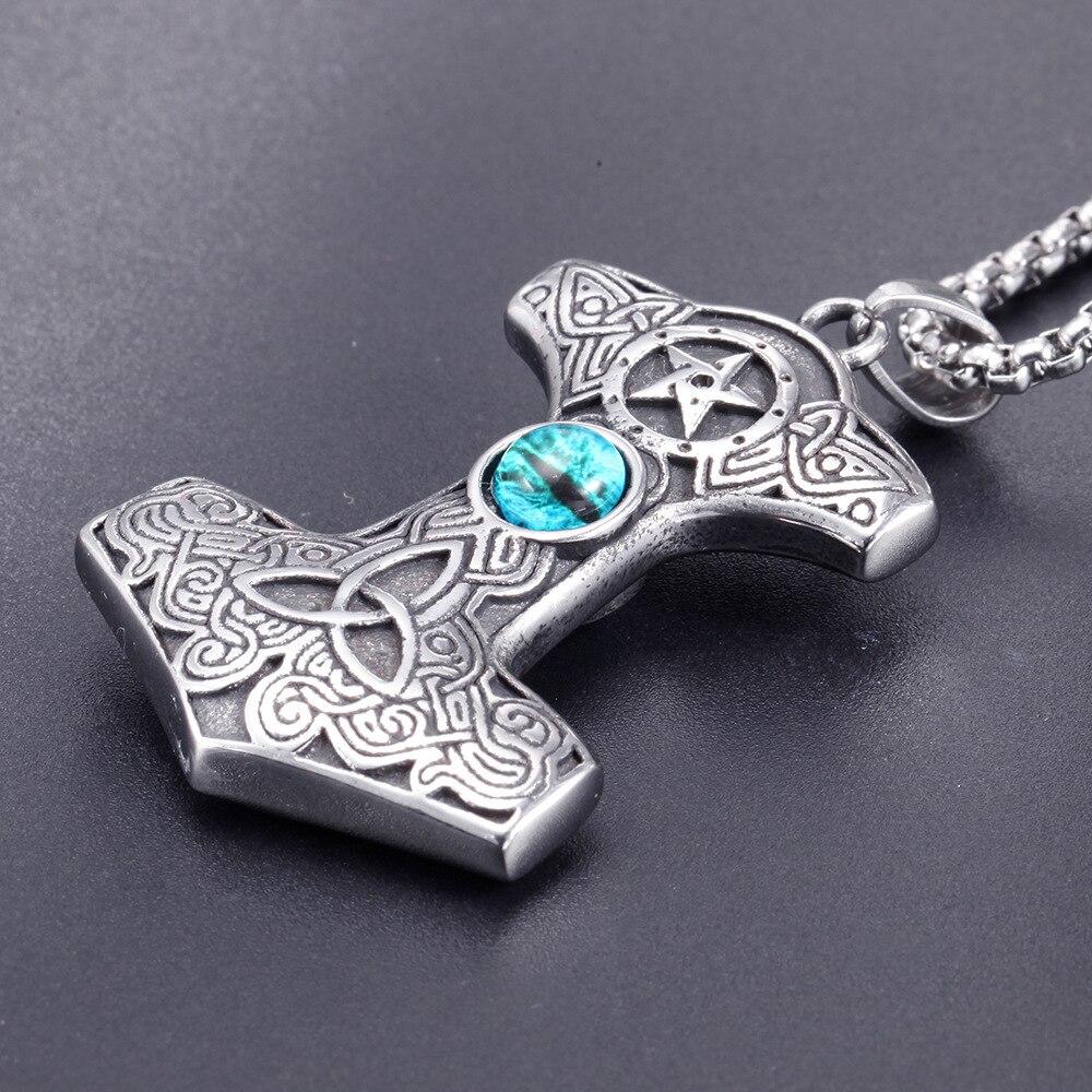 Silver Thor’s Hammer Pendant with Sapphire Cat Eye Necklace-Necklaces-Innovato Design-Innovato Design
