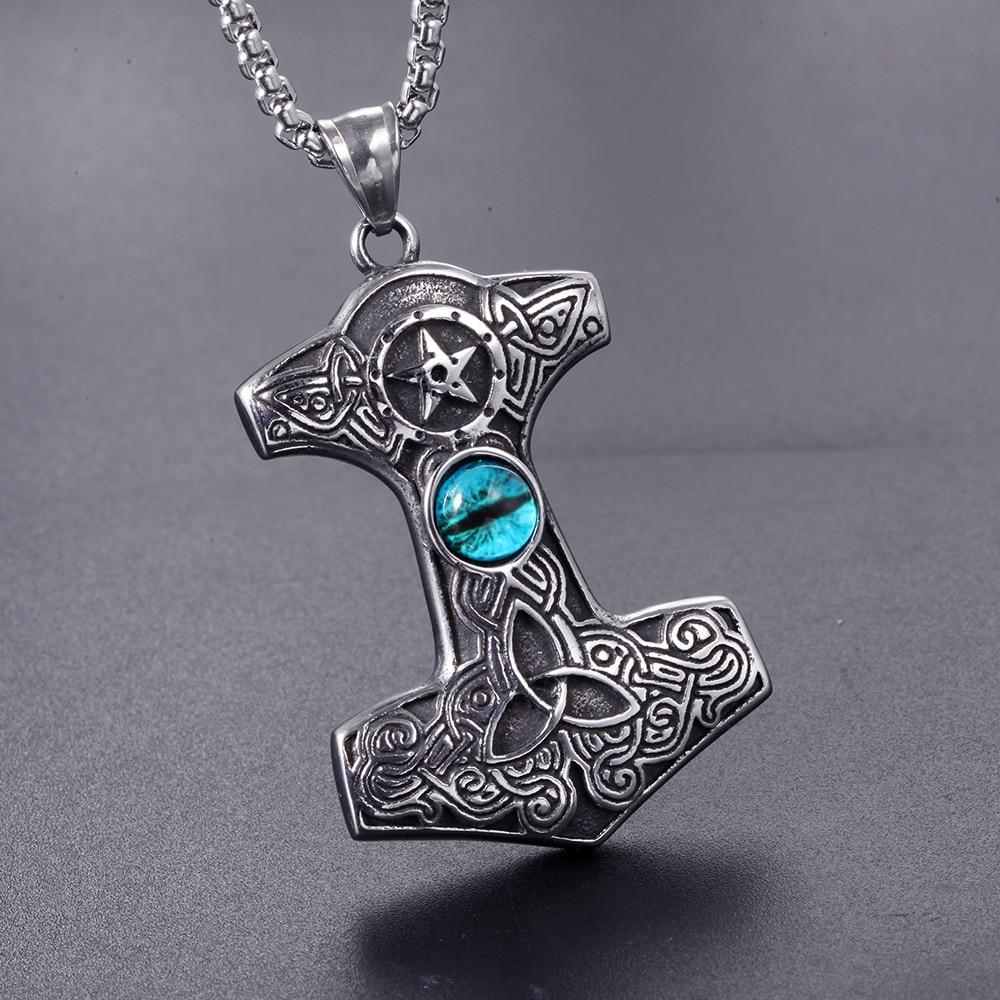 Silver Thor’s Hammer Pendant with Sapphire Cat Eye Necklace-Necklaces-Innovato Design-Innovato Design