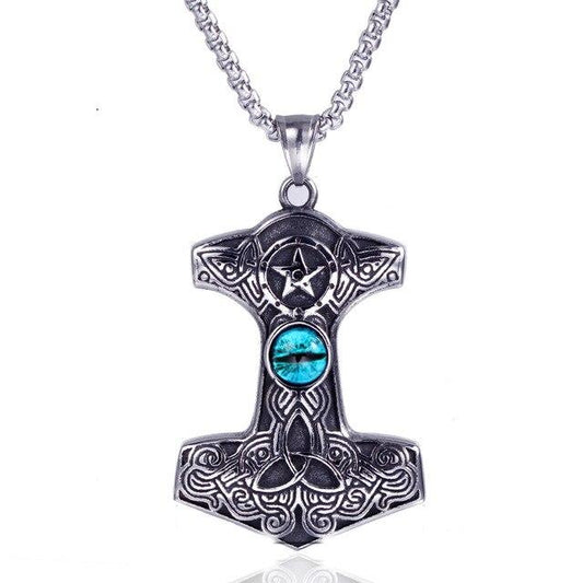 Silver Thor’s Hammer Pendant with Sapphire Cat Eye Necklace-Necklaces-Innovato Design-Innovato Design