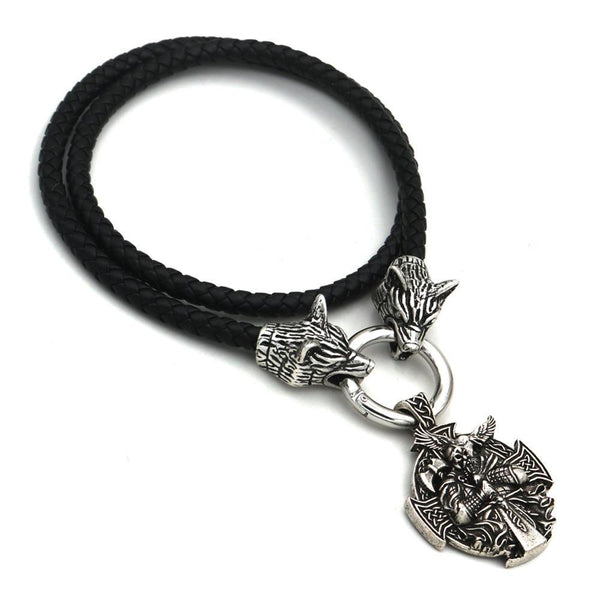 Odin Wolf Head and Cross Pendant with Leather Rope Necklace - InnovatoDesign