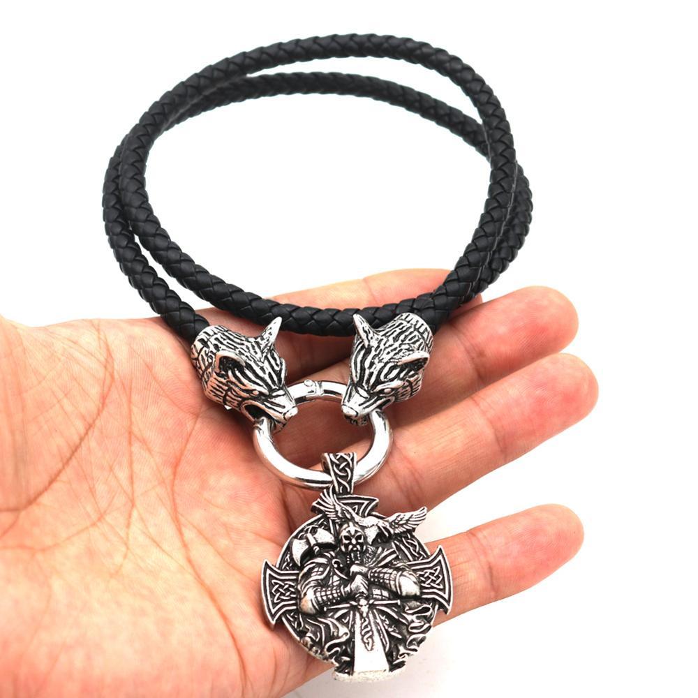 Odin Wolf Head and Cross Pendant with Leather Rope Necklace-Necklaces-Innovato Design-20-Innovato Design