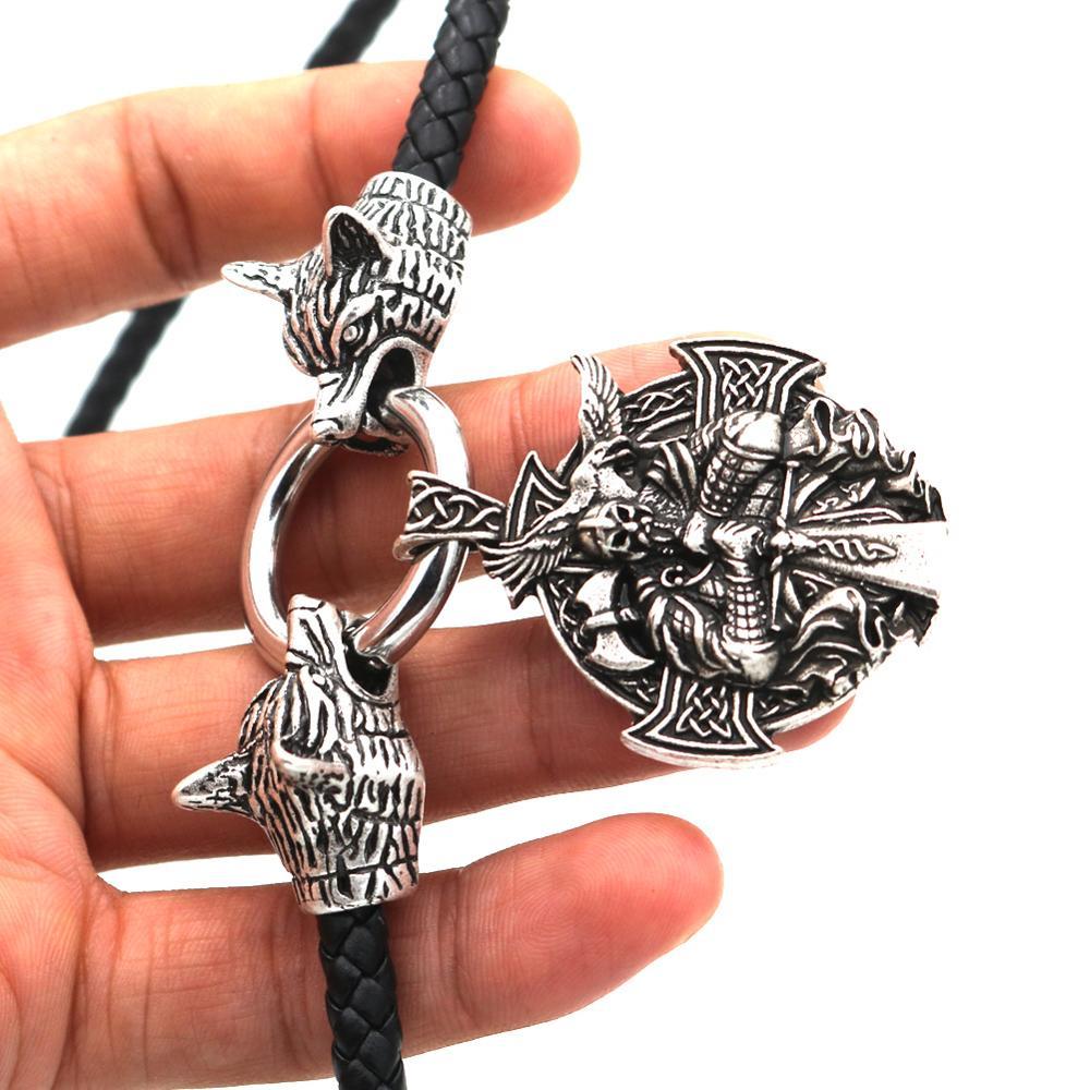 Odin Wolf Head and Cross Pendant with Leather Rope Necklace-Necklaces-Innovato Design-20-Innovato Design
