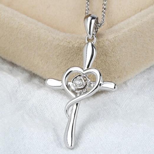 Silver Rose Heart Cross Pendant and Chain Necklace-Necklaces-Innovato Design-Innovato Design