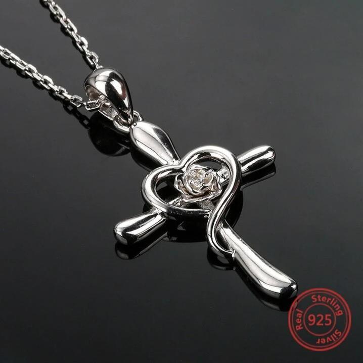 Silver Rose Heart Cross Pendant and Chain Necklace-Necklaces-Innovato Design-Innovato Design