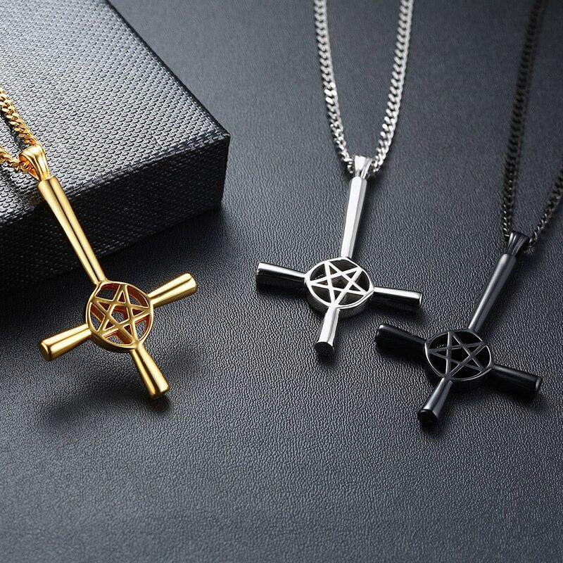 Upside Down / Inverted Pentagram St Peter's Cross Necklace-Necklaces-Innovato Design-Silver-Innovato Design