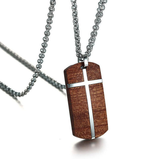 Rosewood & Silver Dog Tag Wooden Cross Pendant Necklace - InnovatoDesign