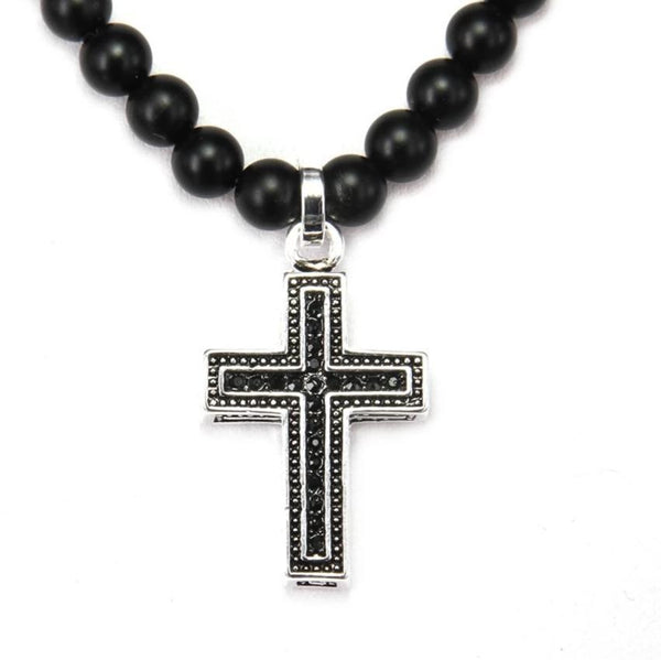 Obsidian Bead Necklace with Black Crystal Silver Cross Pendant - InnovatoDesign