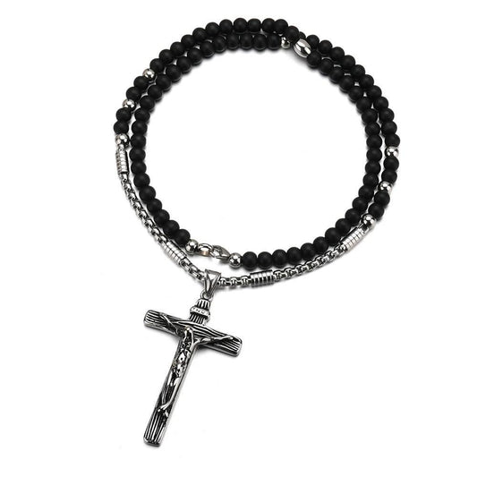 Silver Jesus Christ Crucifix Pendant with Bead Necklace-Necklaces-Innovato Design-Innovato Design