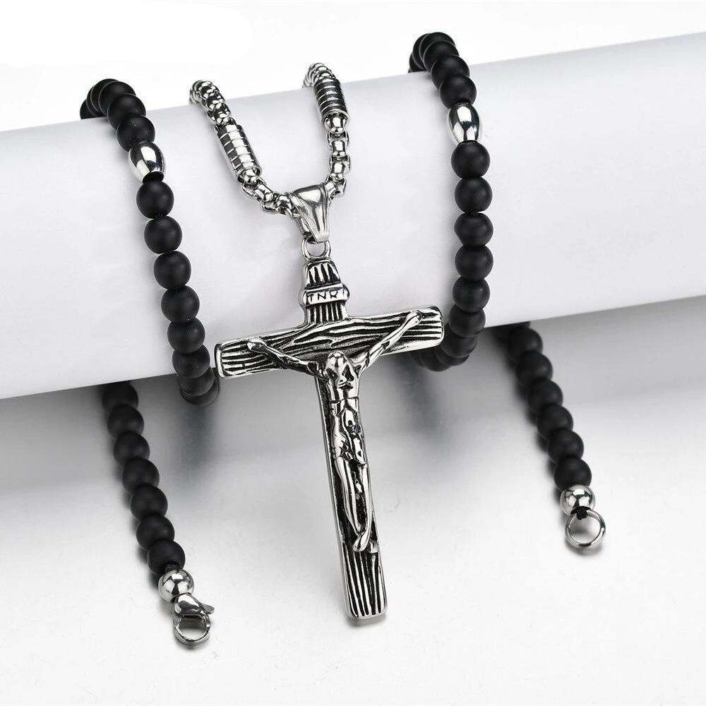 Silver Jesus Christ Crucifix Pendant with Bead Necklace-Necklaces-Innovato Design-Innovato Design