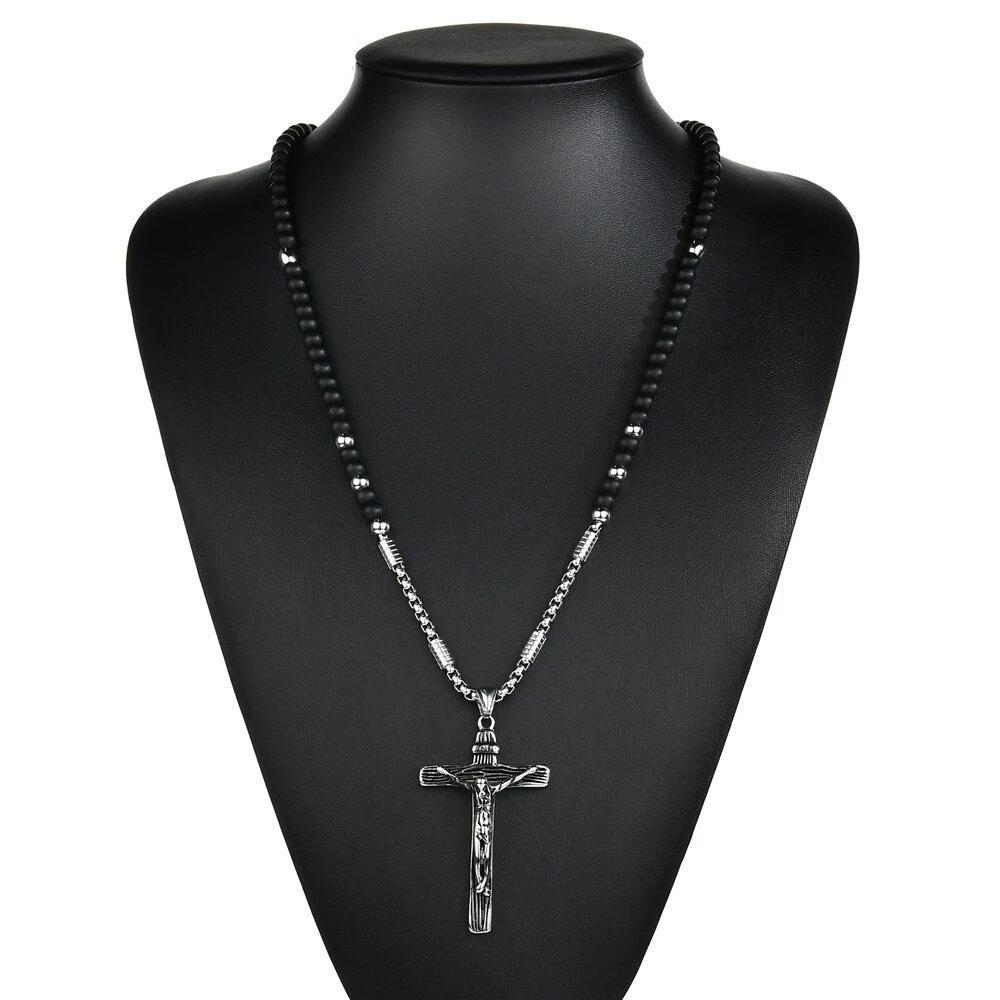 Silver Jesus Christ Crucifix Pendant with Bead Necklace-Necklaces-Innovato Design-Innovato Design