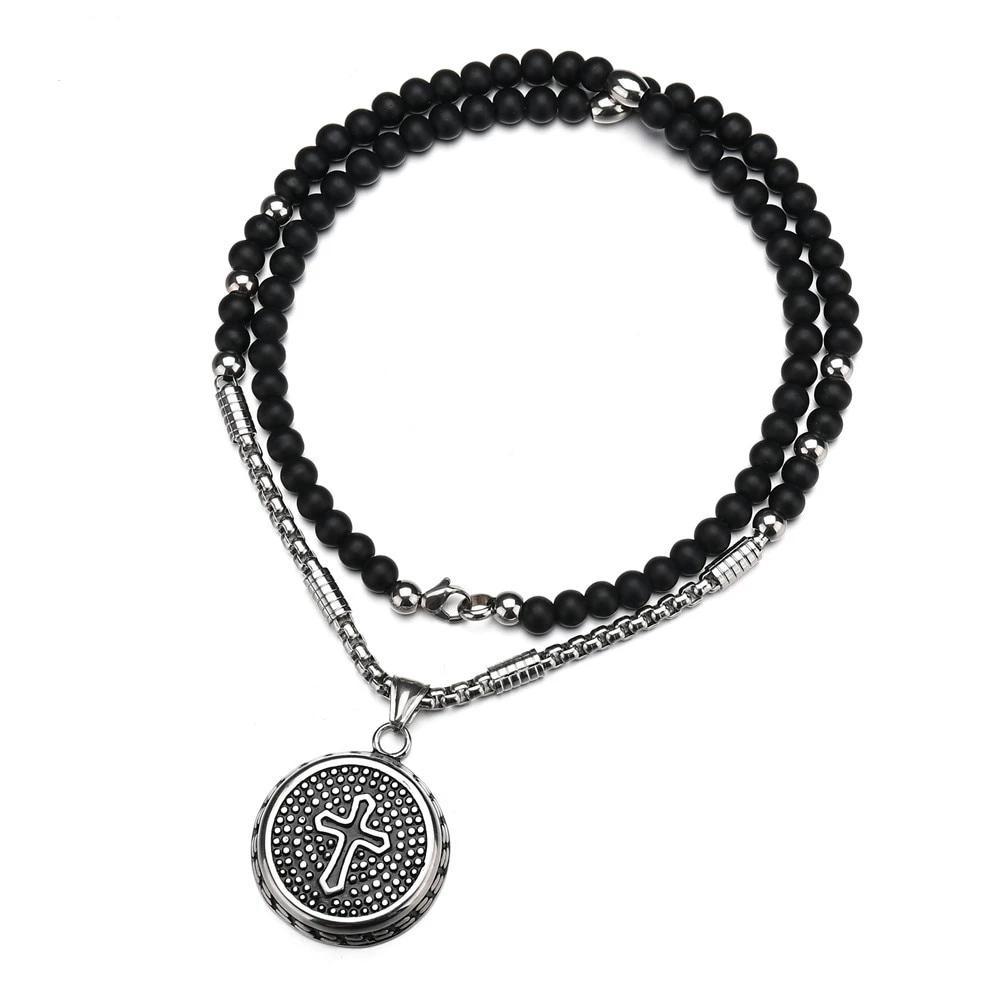 Circular Stainless Steel Pendant with Dotted Cross Design-Necklaces-Innovato Design-Innovato Design