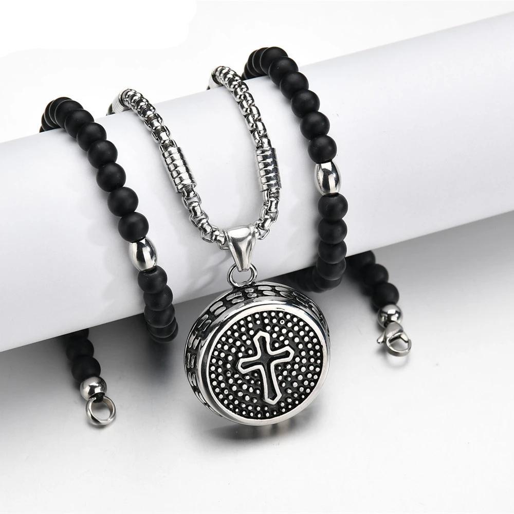 Circular Stainless Steel Pendant with Dotted Cross Design-Necklaces-Innovato Design-Innovato Design