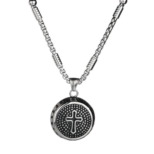 Circular Stainless Steel Pendant with Dotted Cross Design-Necklaces-Innovato Design-Innovato Design
