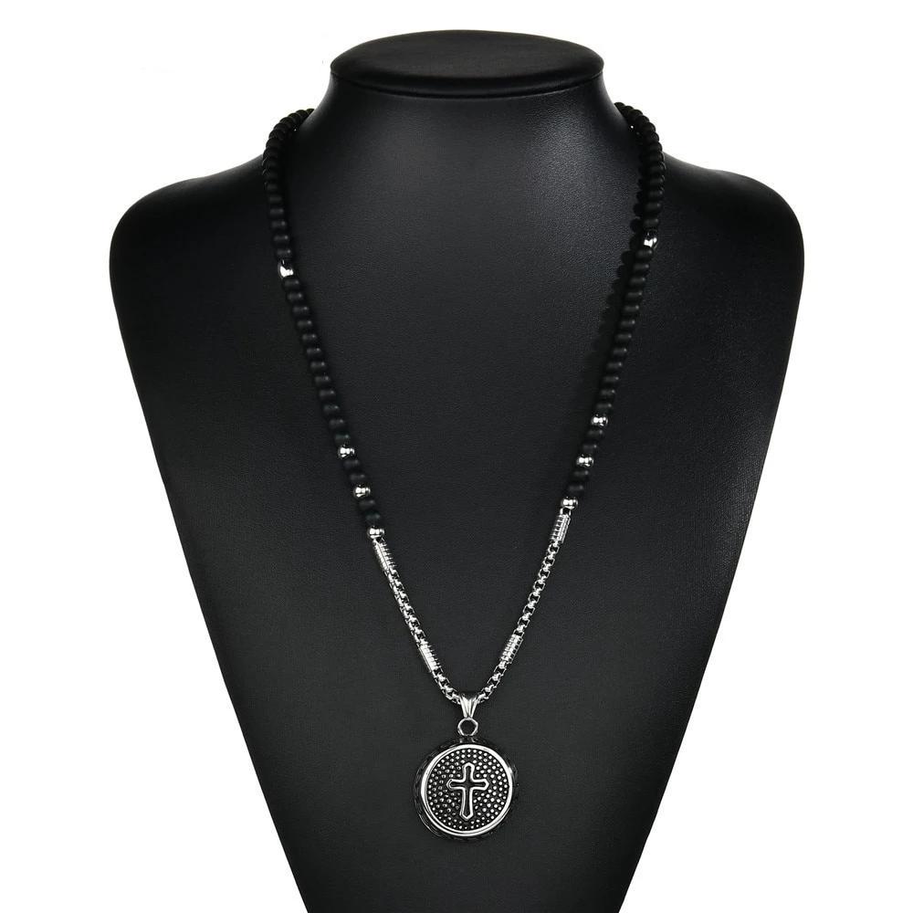 Circular Stainless Steel Pendant with Dotted Cross Design-Necklaces-Innovato Design-Innovato Design