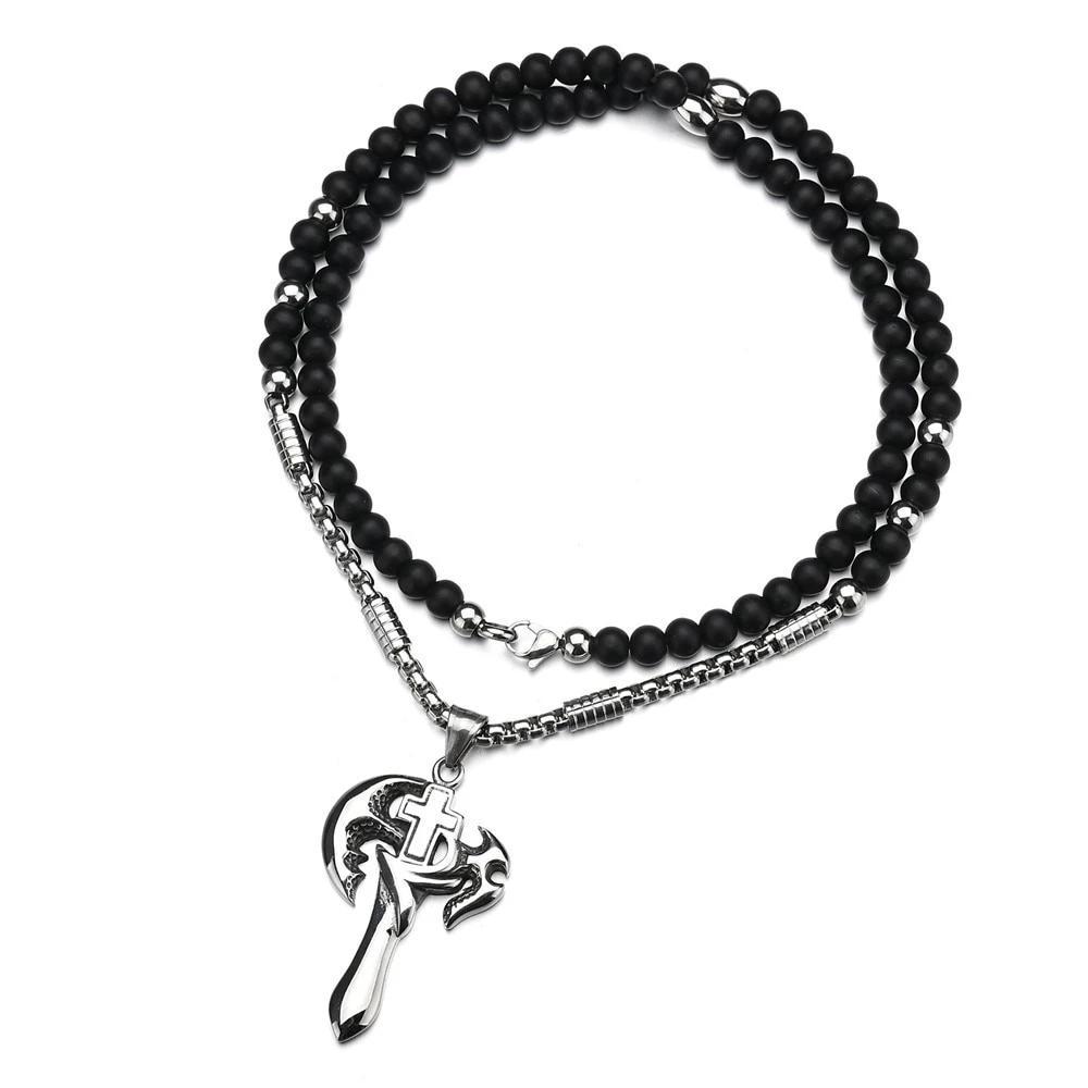 Stainless Steel Winged Cross Pendant with Black Beaded Necklace-Necklaces-Innovato Design-Innovato Design