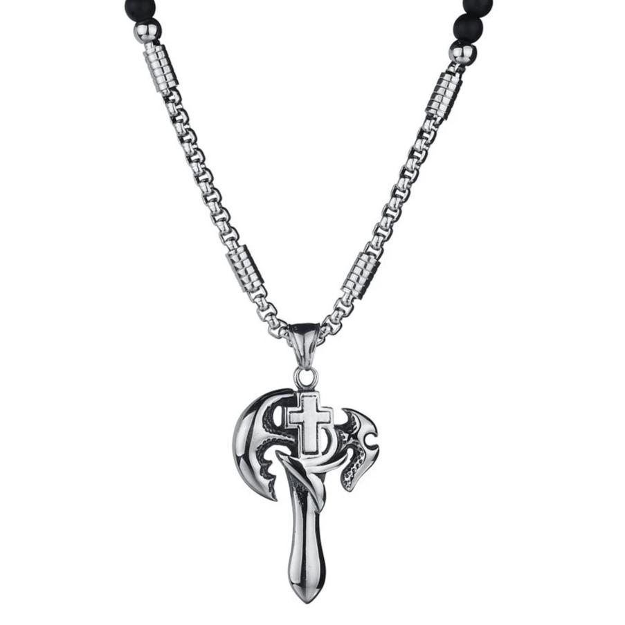 Stainless Steel Winged Cross Pendant with Black Beaded Necklace-Necklaces-Innovato Design-Innovato Design