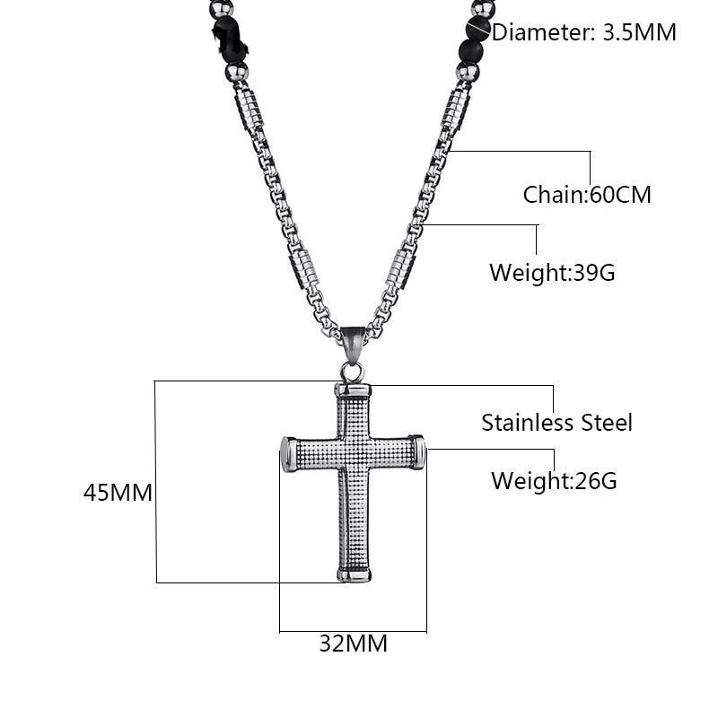 Ridged Stainless Steel Cross Pendant with Black Beaded Necklace-Necklaces-Innovato Design-Innovato Design
