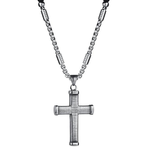 Ridged Stainless Steel Cross Pendant with Black Beaded Necklace-Necklaces-Innovato Design-Innovato Design