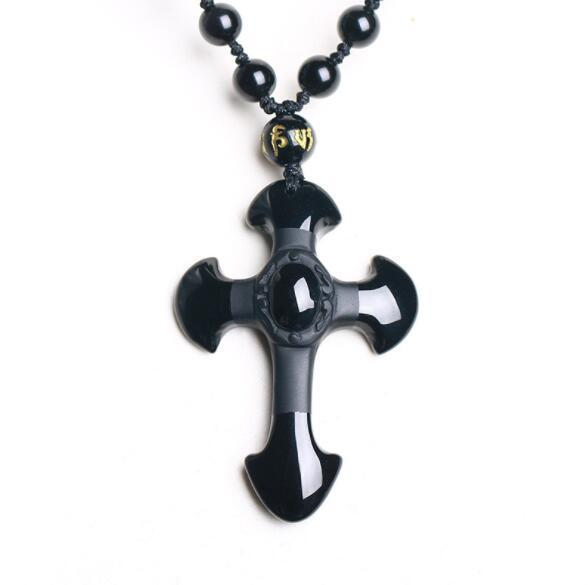 Obsidian Cross Pendant with Beaded Macrame Rope Necklace - InnovatoDesign