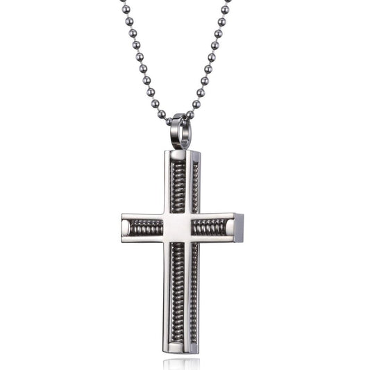 Stainless Steel Wire Spring Cross Pendant and Ball Chain Necklace-Necklaces-Innovato Design-Innovato Design
