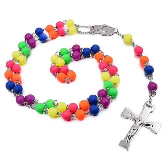 Colorful Beaded Rosary with Silver Cross Necklace-Necklaces-Innovato Design-Innovato Design