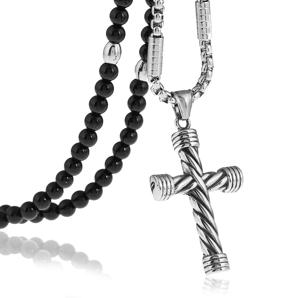 Twisted Steel Cross Pendant with Black Beaded Necklace-Necklaces-Innovato Design-Innovato Design