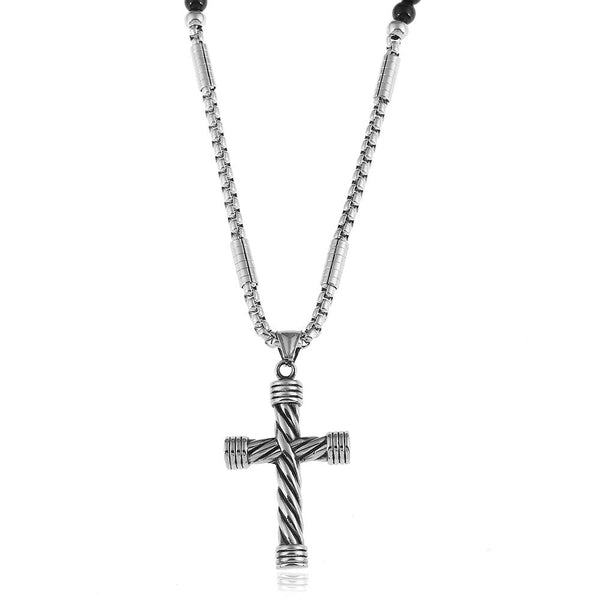 Twisted Steel Cross Pendant with Black Beaded Necklace - InnovatoDesign