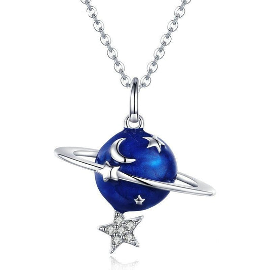 Blue Planet, Star, and Moon 925 Sterling Silver Fashion Pendant Necklace-Necklaces-Innovato Design-Innovato Design