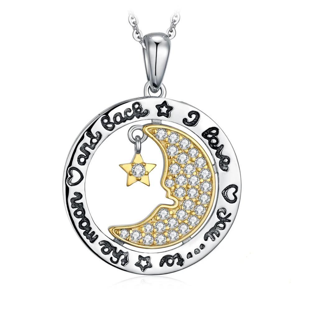 Two-Tone Gold and Silver Engraved Moon and Star Pendant Necklace-Necklaces-Innovato Design-Innovato Design