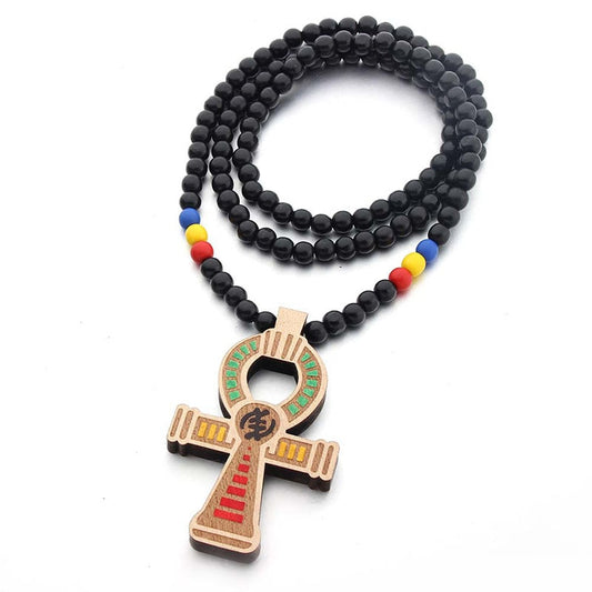 Wood Round Beads and Handmade Elastic Africa Egyptian Ankh Vintage Hip-Hop Necklace