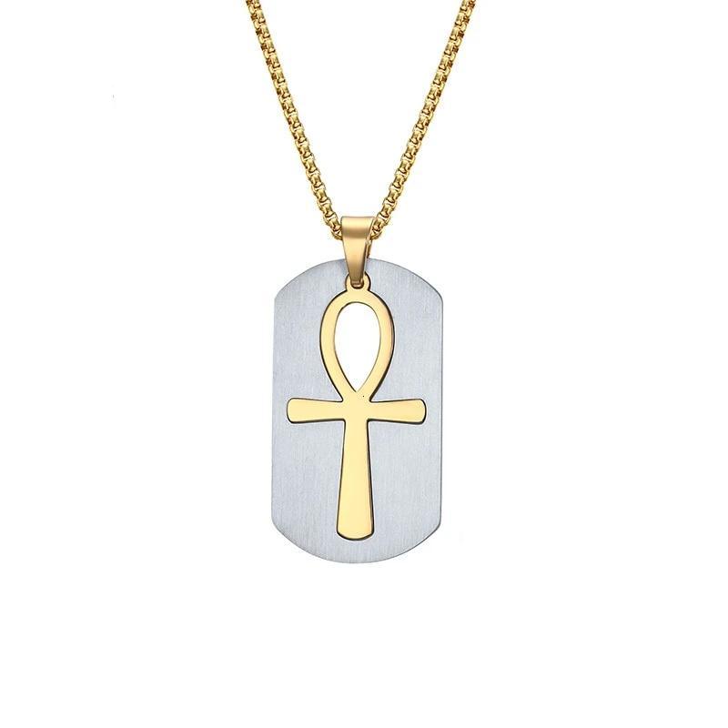 Dog Tag and Ankh Cross Pendant Cut-Out Chain Necklace-Necklaces-Innovato Design-Innovato Design