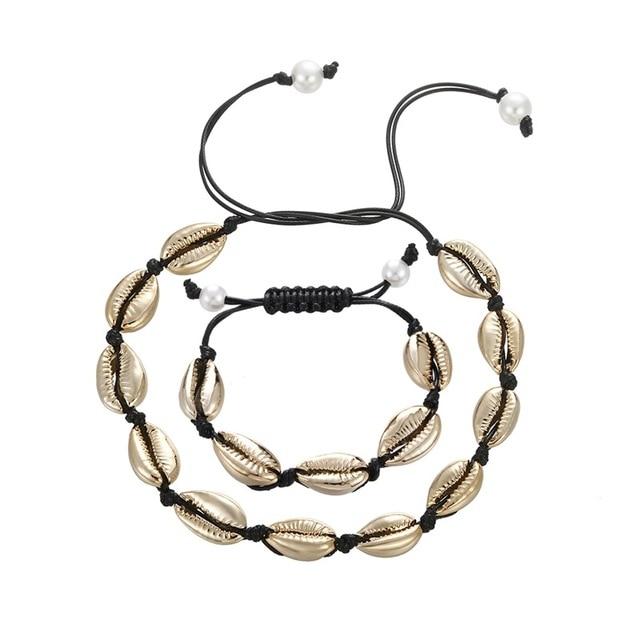 Rope Puka Shell Bracelet and Choker Set with Pearl End-Necklaces-Innovato Design-Gold Black-Innovato Design