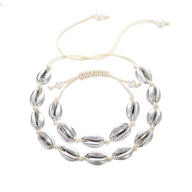 Rope Puka Shell Bracelet and Choker Set with Pearl End-Necklaces-Innovato Design-Silver White-Innovato Design