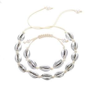 Rope Puka Shell Bracelet and Choker Set with Pearl End-Necklaces-Innovato Design-Silver White-Innovato Design