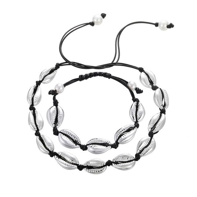 Rope Puka Shell Bracelet and Choker Set with Pearl End-Necklaces-Innovato Design-Silver Black-Innovato Design