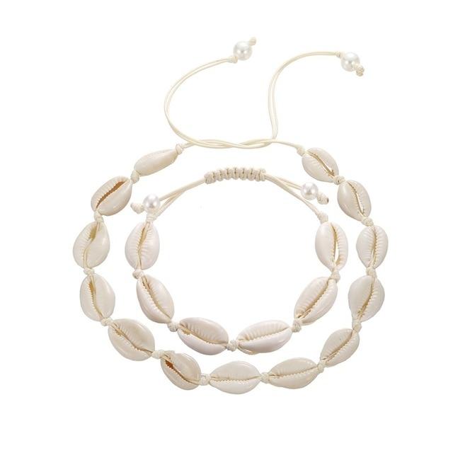 Rope Puka Shell Bracelet and Choker Set with Pearl End-Necklaces-Innovato Design-White White-Innovato Design