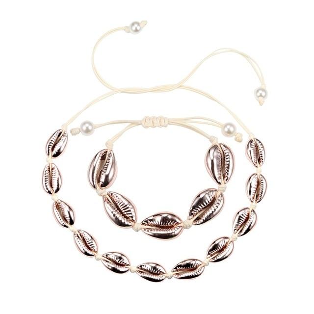 Rope Puka Shell Bracelet and Choker Set with Pearl End-Necklaces-Innovato Design-Rose Gold White-Innovato Design