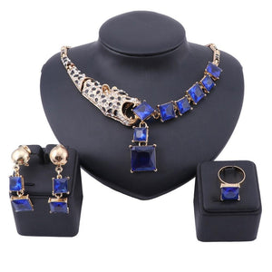 Gold Color Leopard Blue Crystal Necklace, Earrings & Ring Wedding Statement Jewelry Set-Jewelry Sets-Innovato Design-Gold-Innovato Design