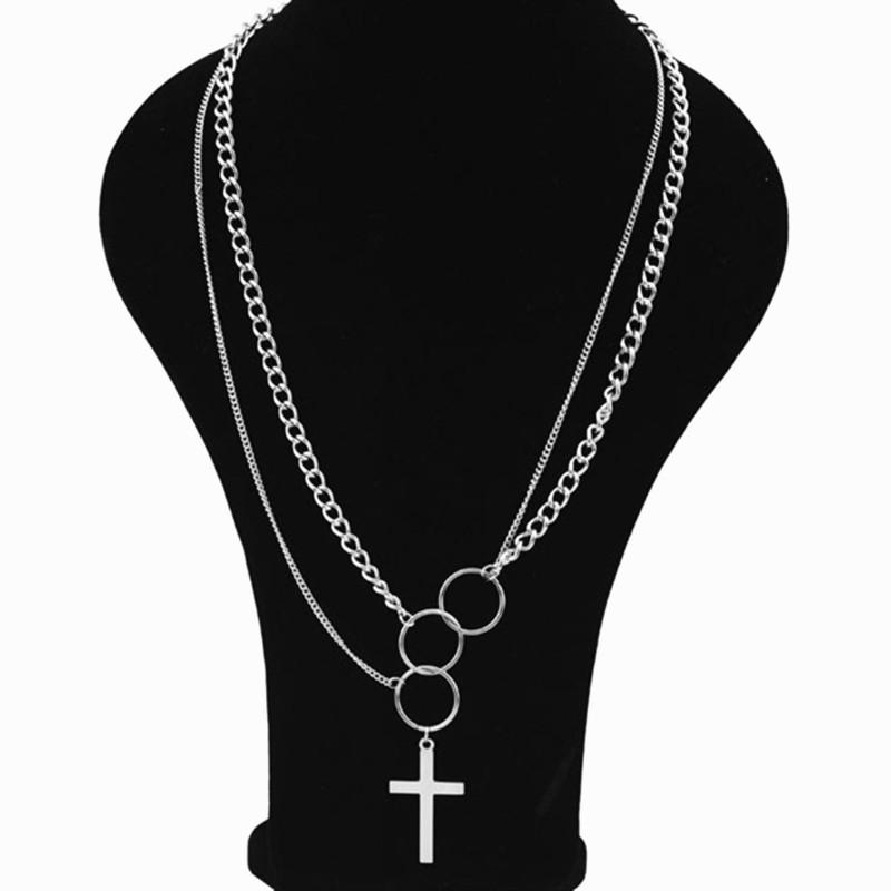 Silver Triple Ring Cross Pendant Dual Chain Necklace-Necklaces-Innovato Design-Innovato Design