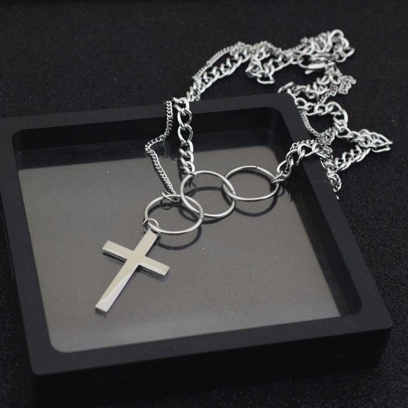 Silver Triple Ring Cross Pendant Dual Chain Necklace-Necklaces-Innovato Design-Innovato Design