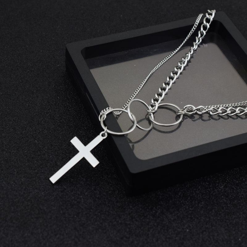 Silver Triple Ring Cross Pendant Dual Chain Necklace-Necklaces-Innovato Design-Innovato Design