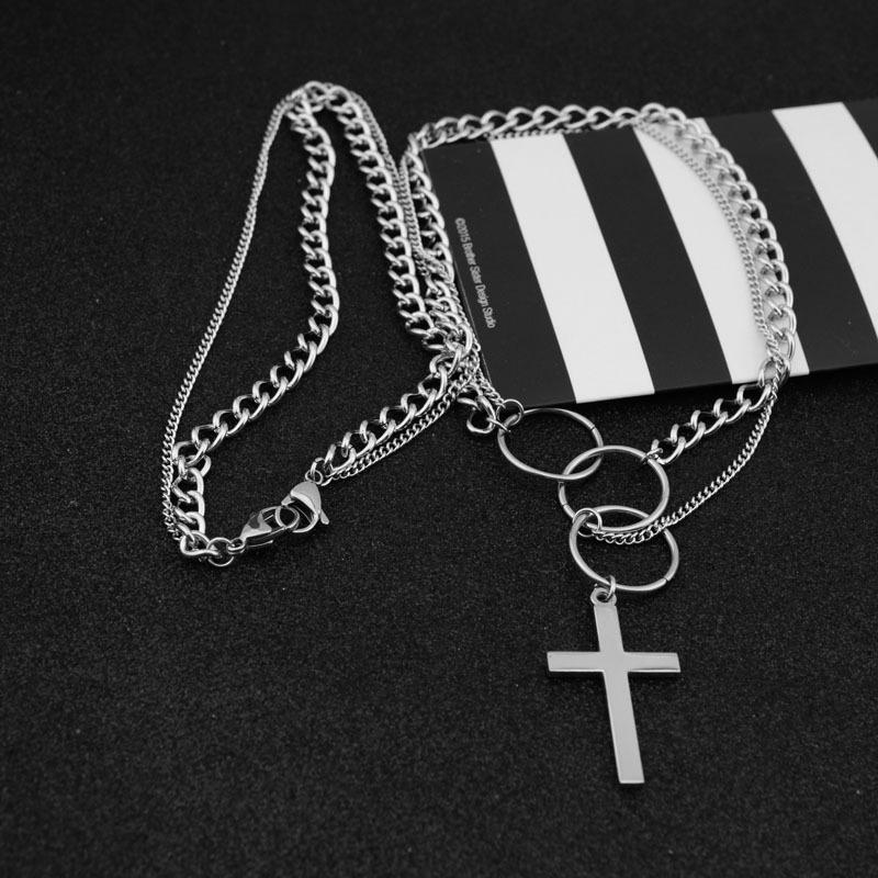Silver Triple Ring Cross Pendant Dual Chain Necklace-Necklaces-Innovato Design-Innovato Design