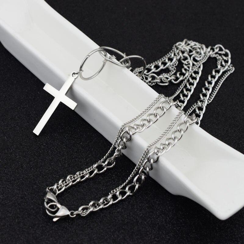 Silver Triple Ring Cross Pendant Dual Chain Necklace-Necklaces-Innovato Design-Innovato Design