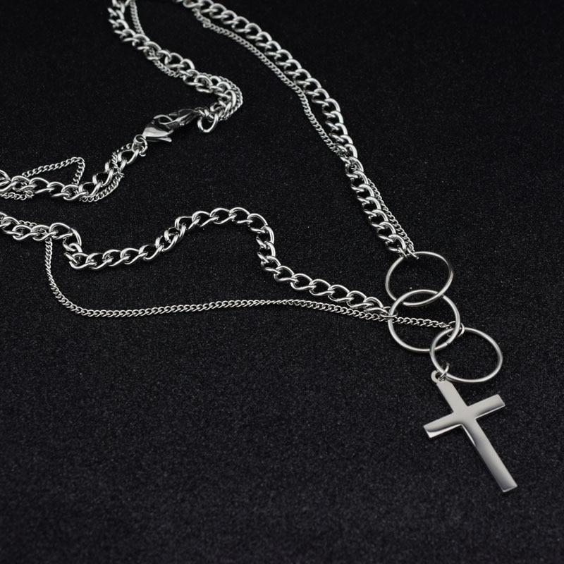 Silver Triple Ring Cross Pendant Dual Chain Necklace-Necklaces-Innovato Design-Innovato Design