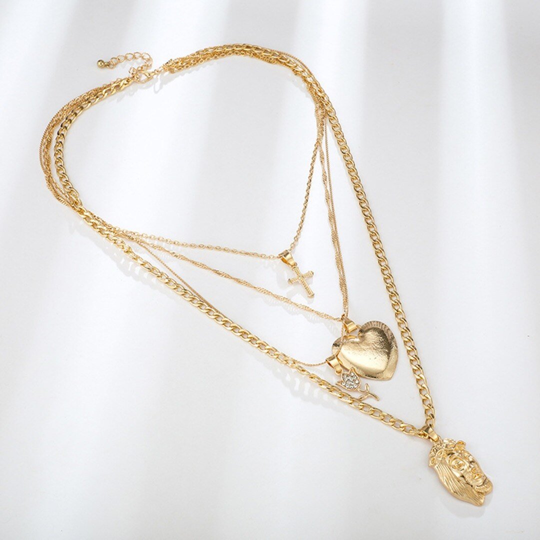 Multi-layer Gold Chain Necklace with Cross, Rose, Heart, and Jesus Pendant-Necklaces-Innovato Design-Innovato Design