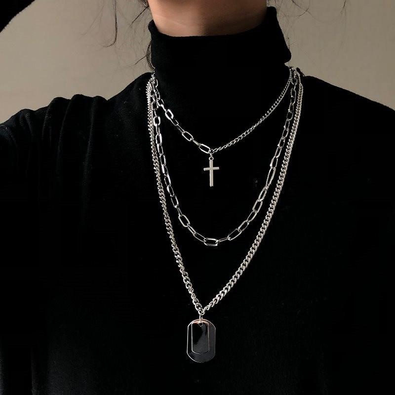 Multi-Chain Silver Necklace with Cross and Dog Tag Pendants-Necklaces-Innovato Design-Innovato Design