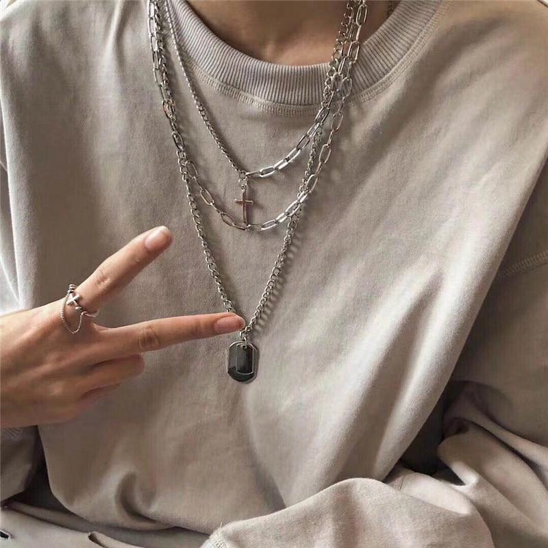 Multi-Chain Silver Necklace with Cross and Dog Tag Pendants-Necklaces-Innovato Design-Innovato Design